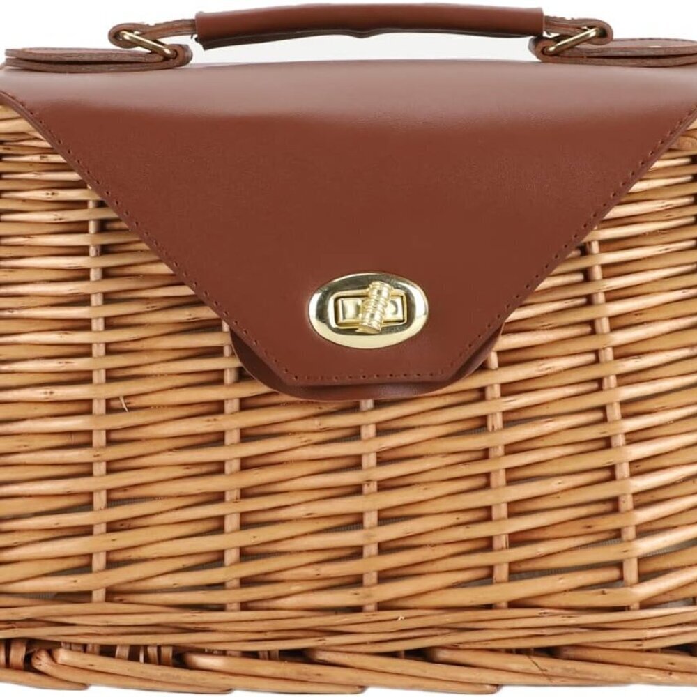 Wicker Straw Handbag for Women Rattan Tote Beach Bag with Leather Strap